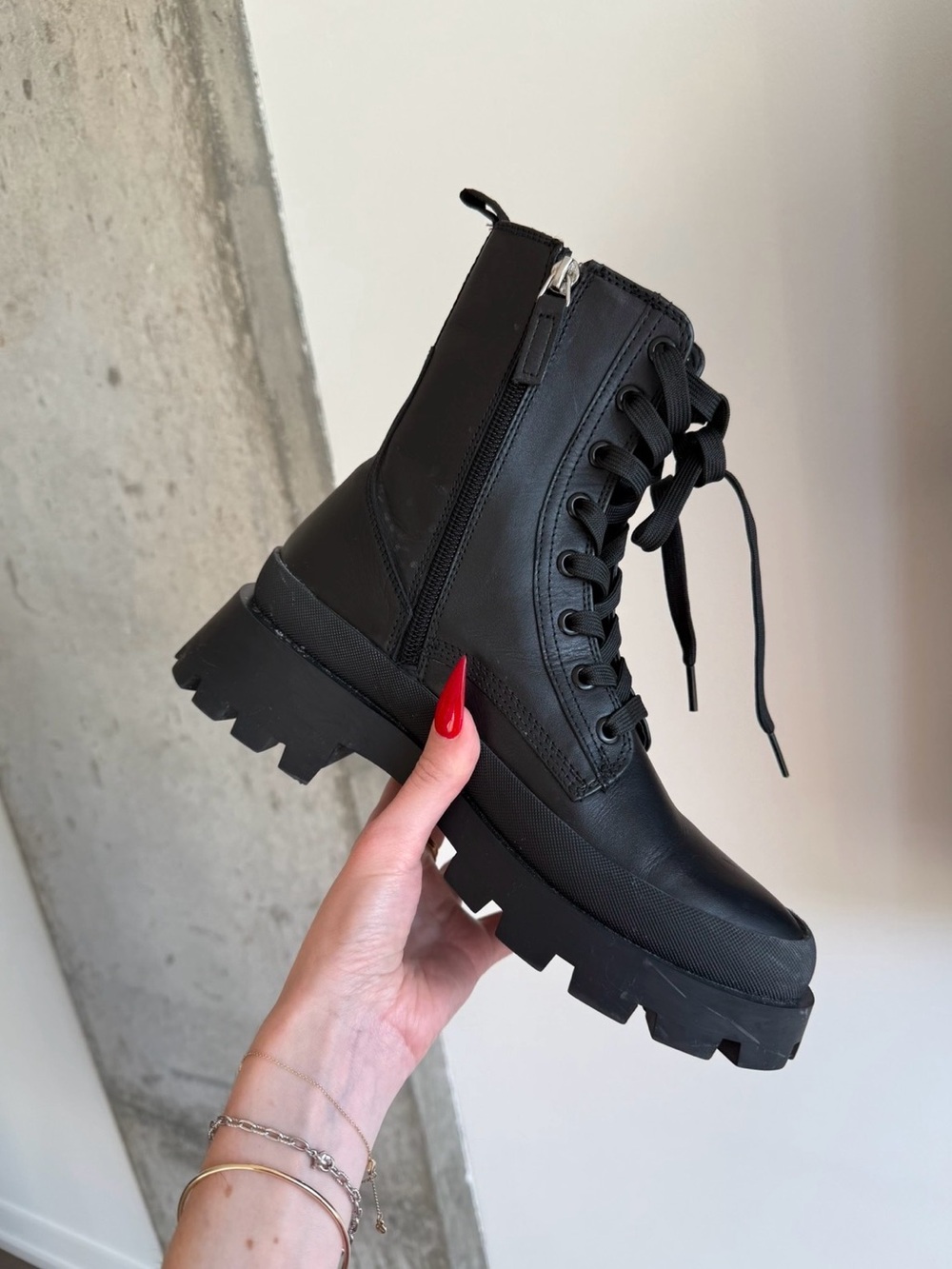 Black Lace-Up Combat Boots - Genuine Leather